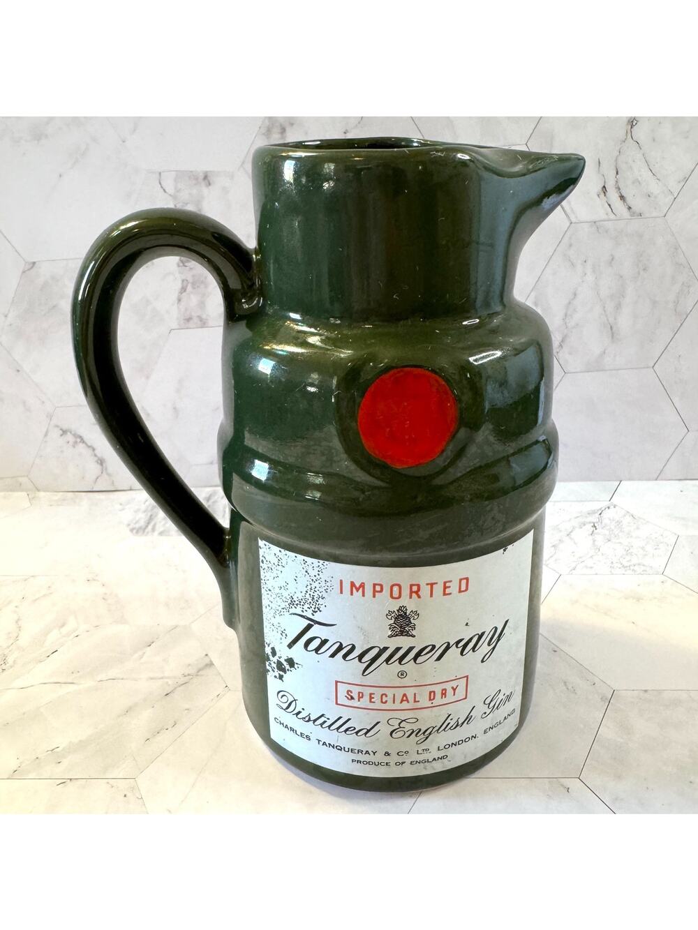 Vintage Tanqueray Mug Special Dry Gin Green Ceramic Pitcher Stein Barware EUC